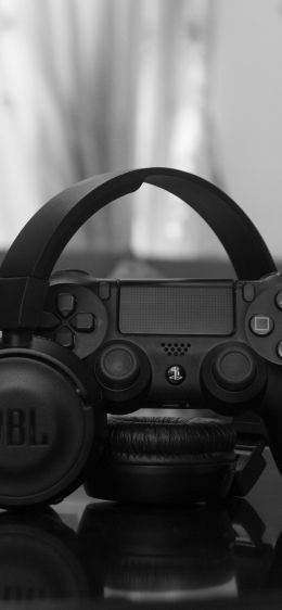 headphone, joystick, game, black and white photo, music Wallpaper 1125x2436