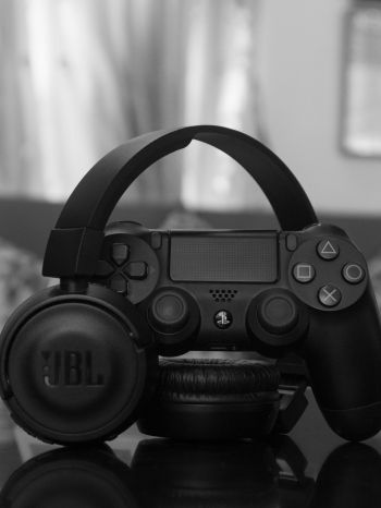 headphone, joystick, game, black and white photo, music Wallpaper 1536x2048