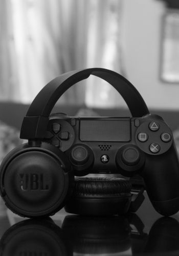 headphone, joystick, game, black and white photo, music Wallpaper 1668x2388