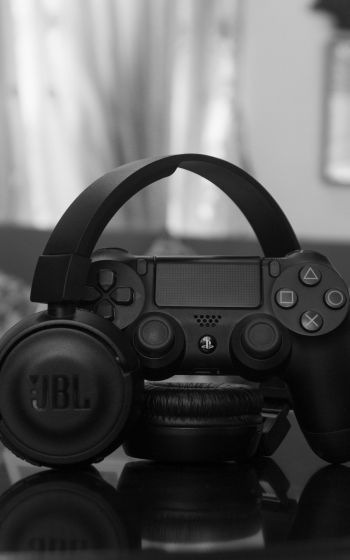 headphone, joystick, game, black and white photo, music Wallpaper 800x1280