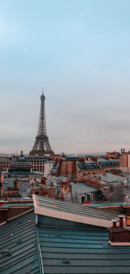 Обои 1440x3040 Франция, Париж, крыши домов, на крыше, дым, Эйфелева башня
