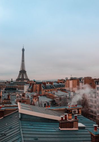 Обои 1668x2388 Франция, Париж, крыши домов, на крыше, дым, Эйфелева башня