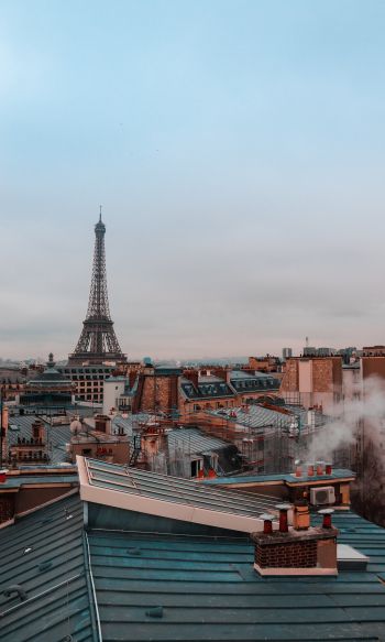 Обои 1200x2000 Франция, Париж, крыши домов, на крыше, дым, Эйфелева башня
