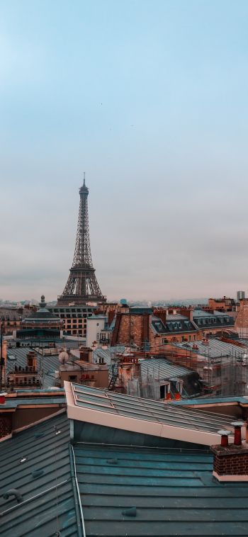 Обои 1080x2340 Франция, Париж, крыши домов, на крыше, дым, Эйфелева башня