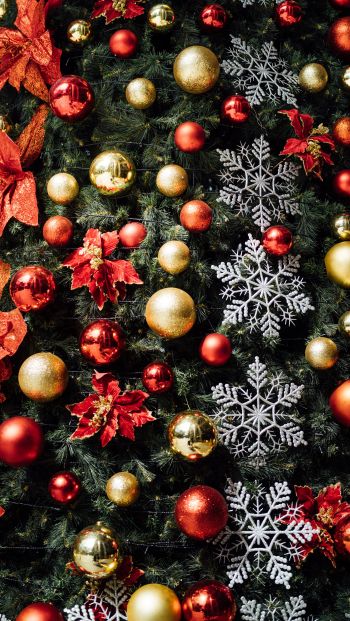 christmas tree decorations, snowflakes, red, golden, balls, mood, holiday, happiness Wallpaper 640x1136