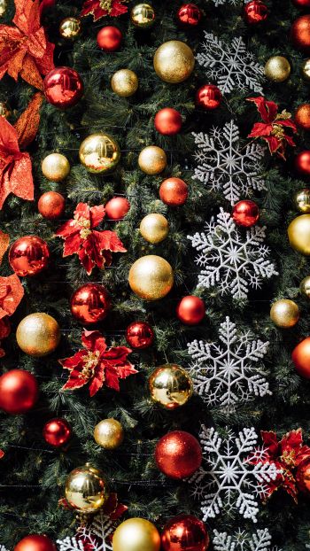 Обои 720x1280 украшения на елку, снежинки, красный, золотой, шарики, настроение, праздник, счастье