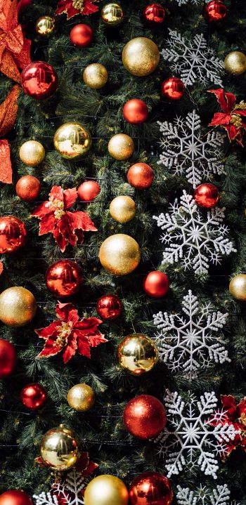 christmas tree decorations, snowflakes, red, golden, balls, mood, holiday, happiness Wallpaper 1080x2220