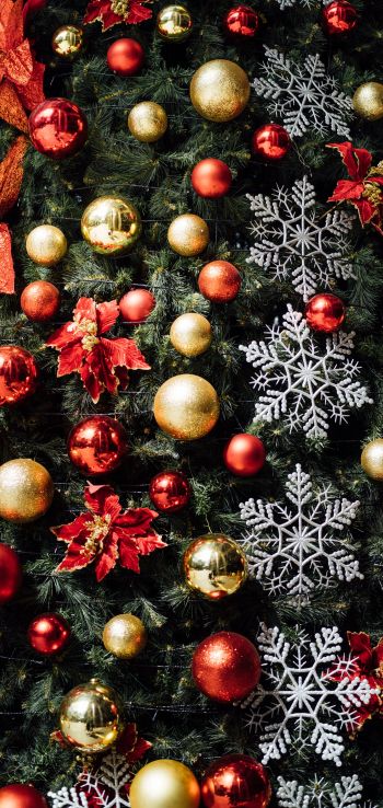 christmas tree decorations, snowflakes, red, golden, balls, mood, holiday, happiness Wallpaper 1080x2280