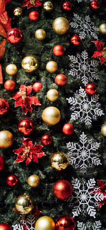 christmas tree decorations, snowflakes, red, golden, balls, mood, holiday, happiness Wallpaper 1242x2688