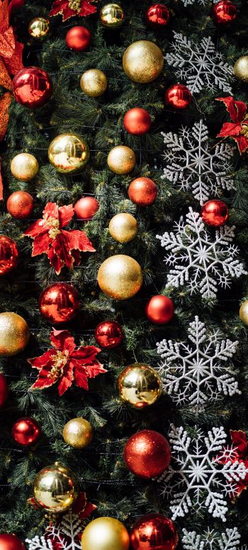 christmas tree decorations, snowflakes, red, golden, balls, mood, holiday, happiness Wallpaper 1440x3200