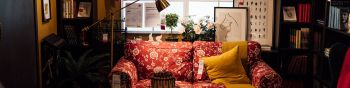comfort, house, warm, sofa, plaid, cake, lamp Wallpaper 1590x400