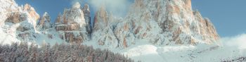 mountains, snowy hills, trees, snow, path, winter Wallpaper 1590x400