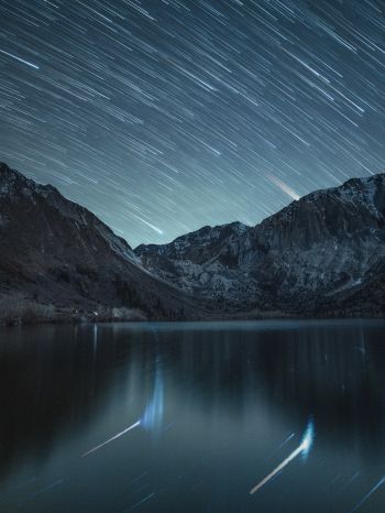 stars, stars are falling, long exposure, lake, mountain lake, mountains Wallpaper 1536x2048