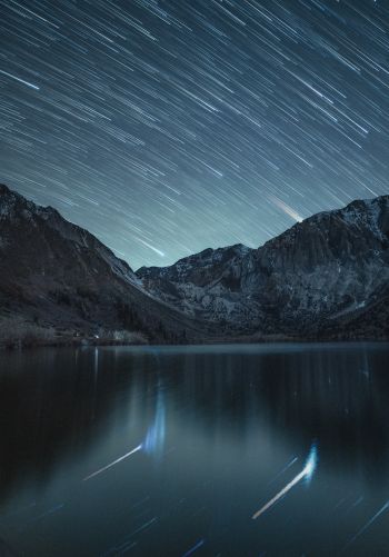 stars, stars are falling, long exposure, lake, mountain lake, mountains Wallpaper 1668x2388