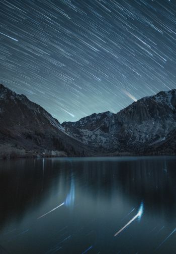 stars, stars are falling, long exposure, lake, mountain lake, mountains Wallpaper 1640x2360