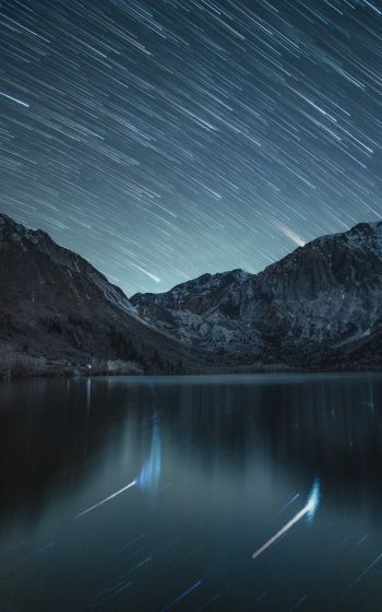 stars, stars are falling, long exposure, lake, mountain lake, mountains Wallpaper 1600x2560
