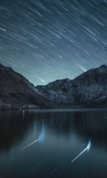 stars, stars are falling, long exposure, lake, mountain lake, mountains Wallpaper 1200x2000