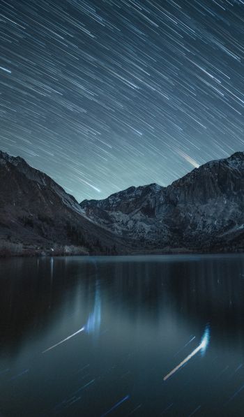 stars, stars are falling, long exposure, lake, mountain lake, mountains Wallpaper 600x1024
