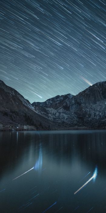 stars, stars are falling, long exposure, lake, mountain lake, mountains Wallpaper 720x1440