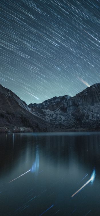 stars, stars are falling, long exposure, lake, mountain lake, mountains Wallpaper 1125x2436