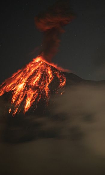 Обои 1200x2000 вулкан, извержение, природное явление, лава, дым, ночь