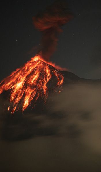 Обои 600x1024 вулкан, извержение, природное явление, лава, дым, ночь
