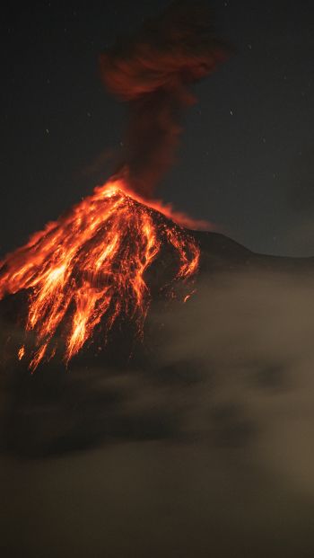 Обои 640x1136 вулкан, извержение, природное явление, лава, дым, ночь
