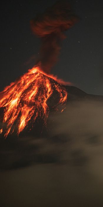 Обои 720x1440 вулкан, извержение, природное явление, лава, дым, ночь