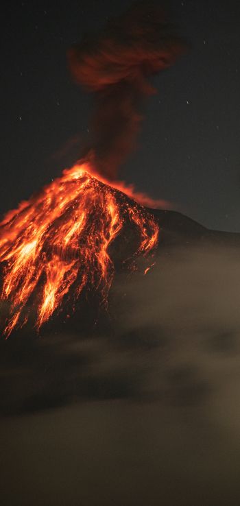 Обои 1440x3040 вулкан, извержение, природное явление, лава, дым, ночь