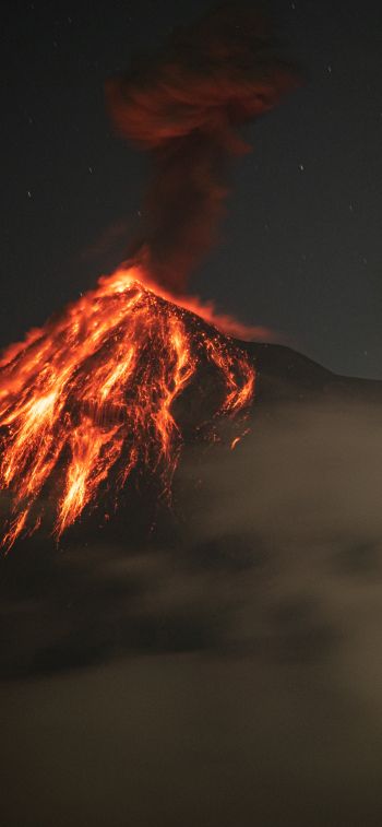 Обои 1170x2532 вулкан, извержение, природное явление, лава, дым, ночь