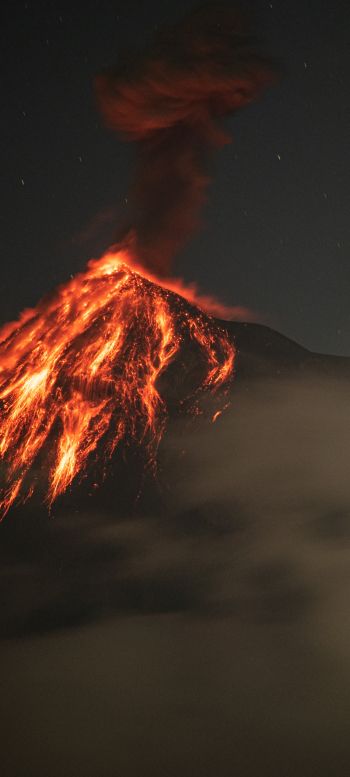 Обои 1440x3200 вулкан, извержение, природное явление, лава, дым, ночь