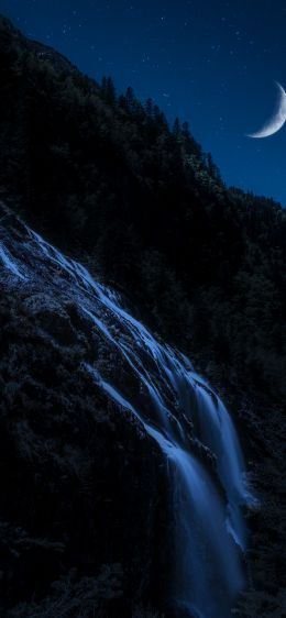 moon, waterfall, night, month, mountains, forest Wallpaper 828x1792
