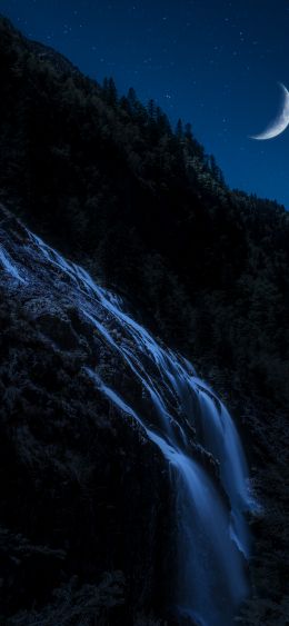 moon, waterfall, night, month, mountains, forest Wallpaper 1080x2340