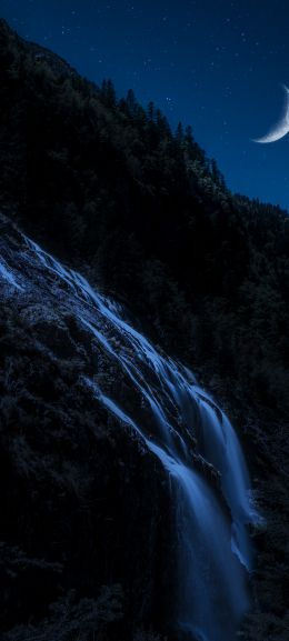moon, waterfall, night, month, mountains, forest Wallpaper 1440x3200