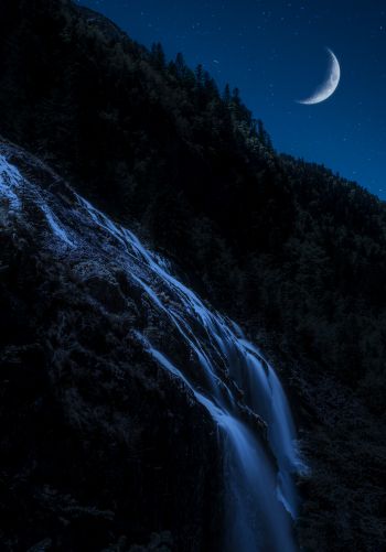 Обои 1668x2388 луна, водопад, ночь, месяц, горы, лес
