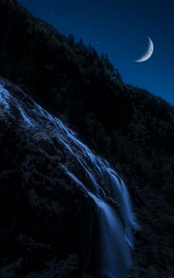 Обои 1600x2560 луна, водопад, ночь, месяц, горы, лес
