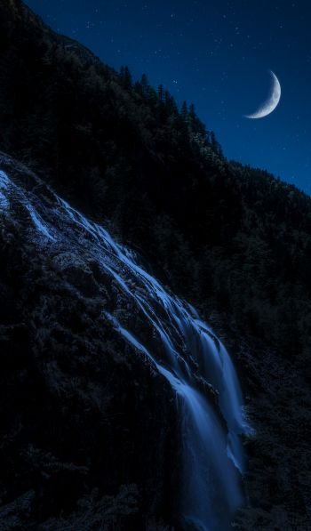 Обои 600x1024 луна, водопад, ночь, месяц, горы, лес