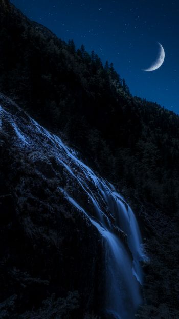 moon, waterfall, night, month, mountains, forest Wallpaper 2160x3840