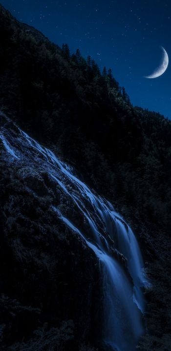 moon, waterfall, night, month, mountains, forest Wallpaper 1440x2960