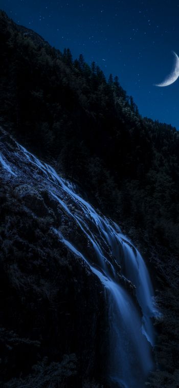 moon, waterfall, night, month, mountains, forest Wallpaper 1080x2340