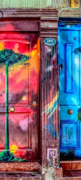 door, art, street painting, tree Wallpaper 1440x3200