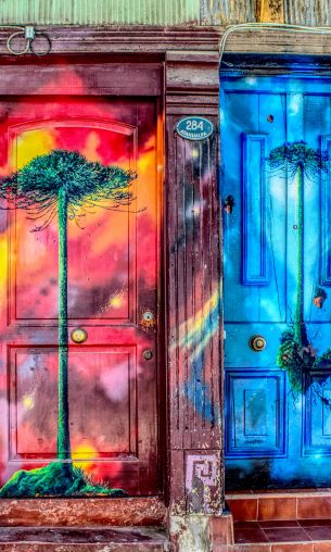 door, art, street painting, tree Wallpaper 1200x2000