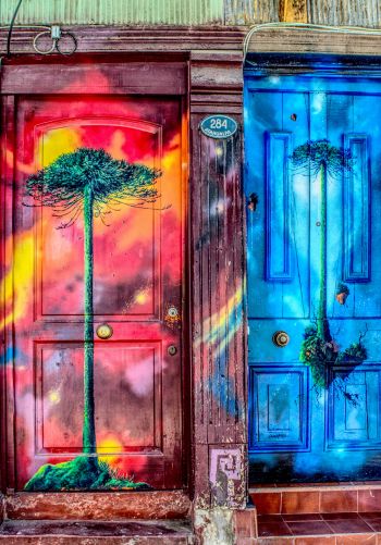 door, art, street painting, tree Wallpaper 1668x2388