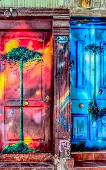 door, art, street painting, tree Wallpaper 1600x2560
