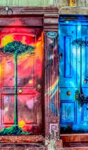 door, art, street painting, tree Wallpaper 600x1024