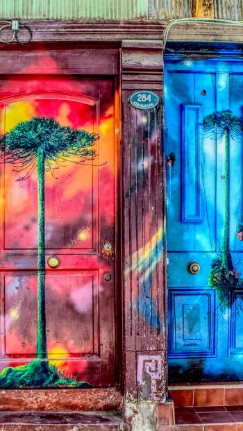 door, art, street painting, tree Wallpaper 640x1136