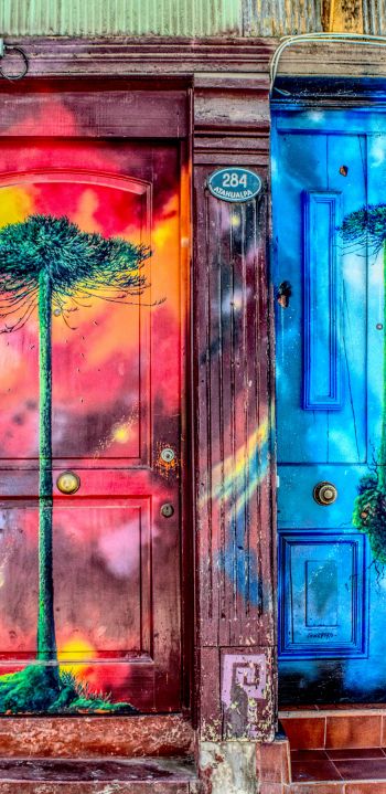 door, art, street painting, tree Wallpaper 1440x2960