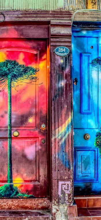 door, art, street painting, tree Wallpaper 1170x2532