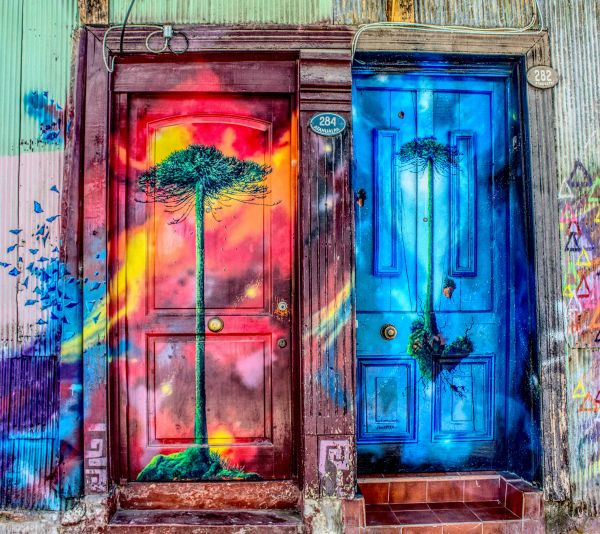 door, art, street painting, tree Wallpaper 3635x3236
