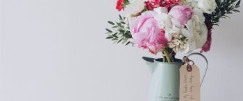 bouquet, aesthetics, vase, peonies, roses Wallpaper 3440x1440